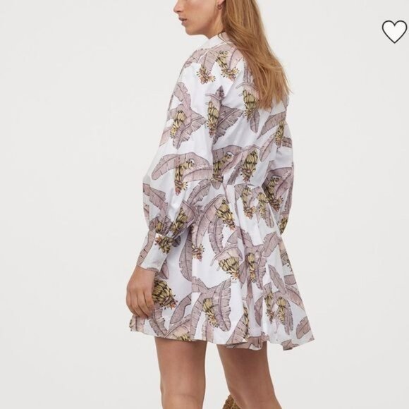 Desmond & Dempsey x H&M White Banana Print Balloon Sleeve Dress  Size Small - Picture 2 of 8